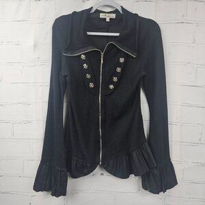 WHIMSIGOTH ZIP CARDIGAN SWEATER Womens M Dark Romantic Black Ruffles Long Sleeve